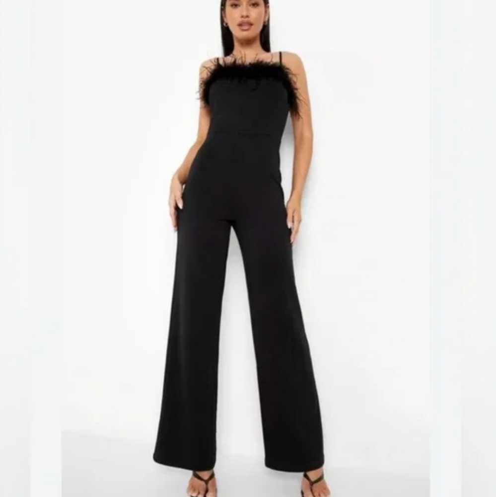 NWT Nicole Miller black jumpsuit with feather top detail
